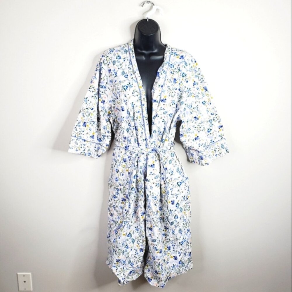 Indigo Love & Lore Pure Cotton Floral Cottage French Country Long Robe S/M